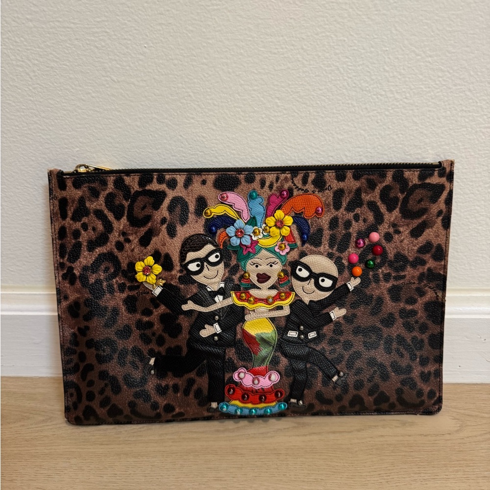 Dolce & Gabbana Brown Leopard Appliqué Zip Pouch with Colorful Characters